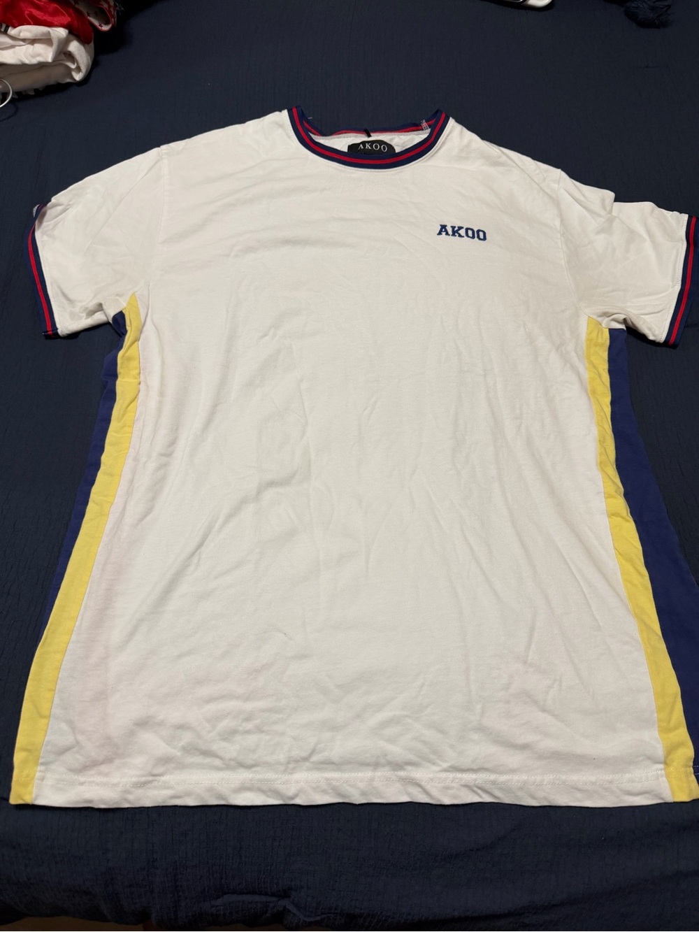 AKOO White Short Sleeve Tee with Blue & Yellow Side Stripes